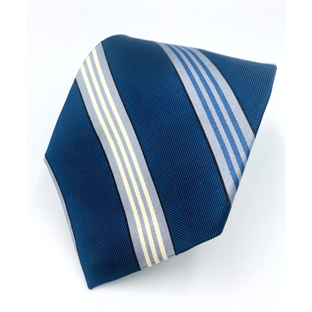 Vintage Emanuel Ungaro Blue White Striped 100% Silk Men's Tie - 58 1/2" x 3 1/2"